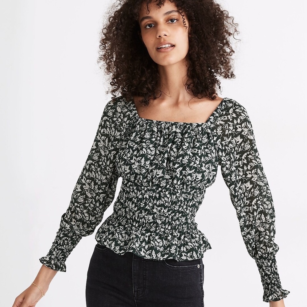 Madewell | Georgette Square-Neck Smock-Waist Top in Forest Leaves